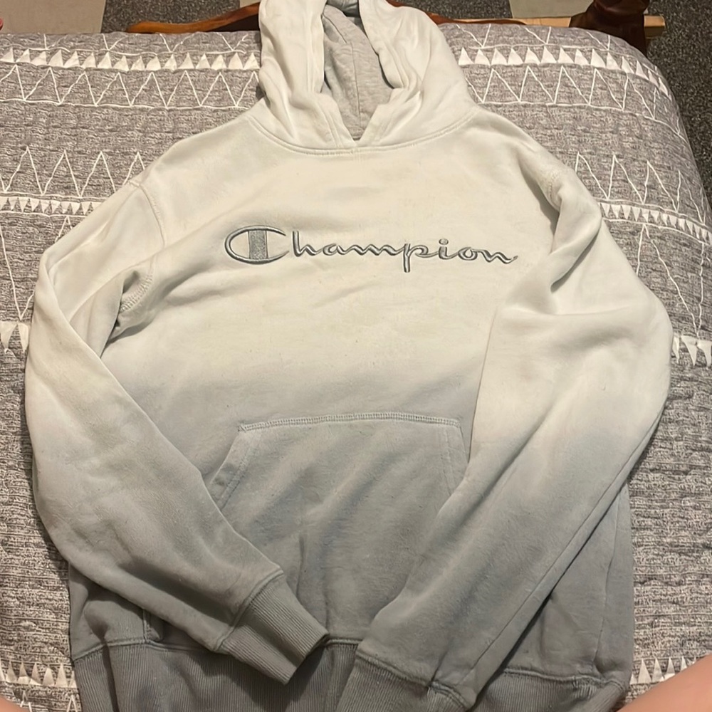Hombre, white, and gray champion hoodie, medium